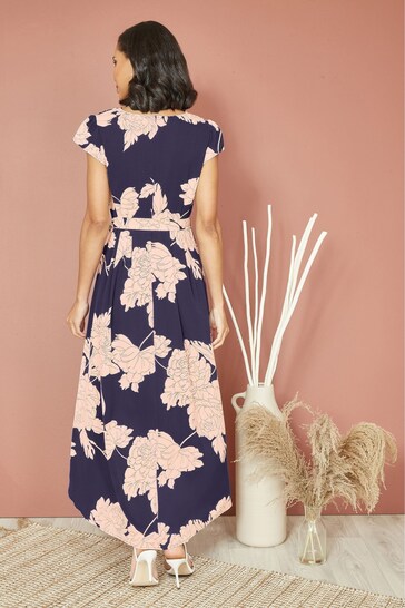 Mela Blue Blossom Print Wrap Midi Dress With Dipped Hem