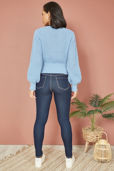 Yumi Blue Balloon Sleeve Cable Knit V-Neck Jumper