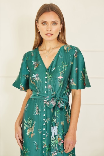 Yumi Green Satin Animal Safari Print Midi Shirt Dress