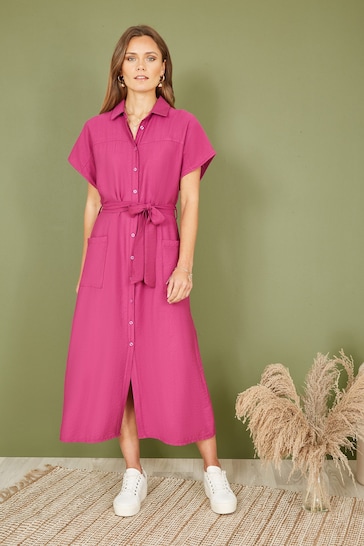 Yumi Pink Viscose Relaxed Midi Shirt Dress With Pockets