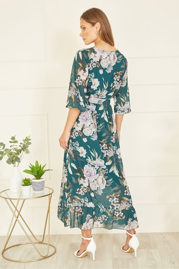 Yumi Blue Floral Wrap Midi Dress With Frill