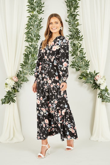 Yumi Black Blossom Floral Print Ruched Long Sleeves Midi Dress