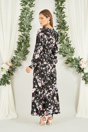 Yumi Black Blossom Floral Print Ruched Long Sleeves Midi Dress