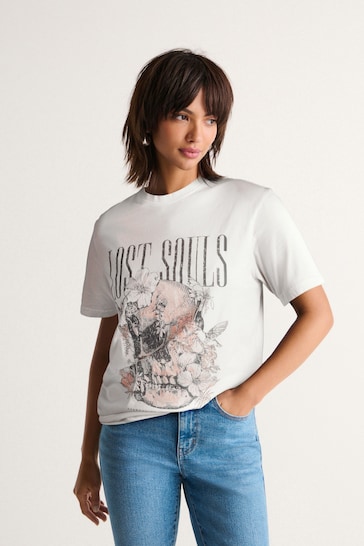 Ecru White Lost Souls Graphic Skull T-Shirt