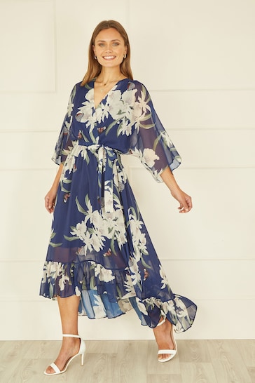 Yumi Blue Floral Print Kimono Midi Wrap Dress