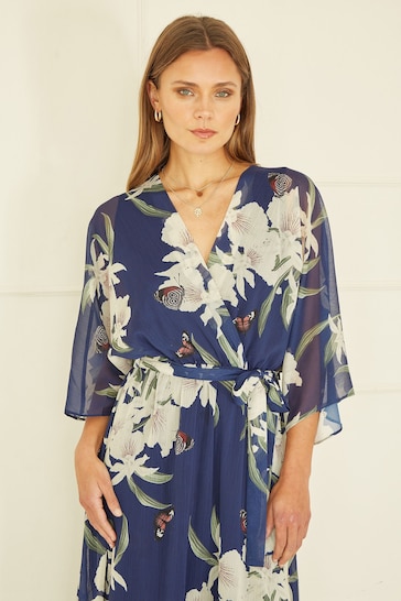 Yumi Blue Floral Print Kimono Midi Wrap Dress