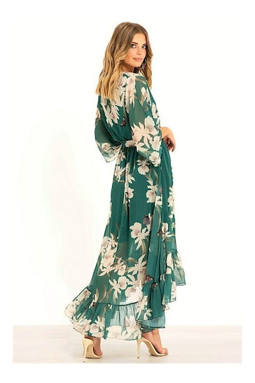Yumi Green Floral Print Kimono Midi Wrap Dress