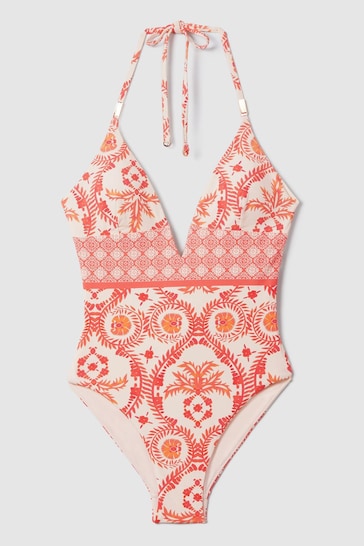 Reiss Cream/Coral Leonora Printed Plunge Neck Swimsuit
