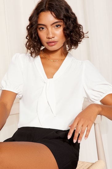 Friends Like These Ivory White Short Sleeve Bow Front Crepe Blouse