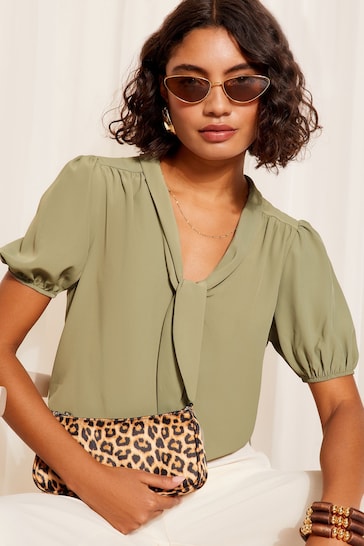 Friends Like These Green Short Sleeve Bow Front Crepe Blouse