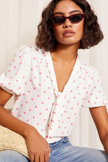 Friends Like These Pink Polka Dot Short Sleeve Bow Front Crepe Blouse