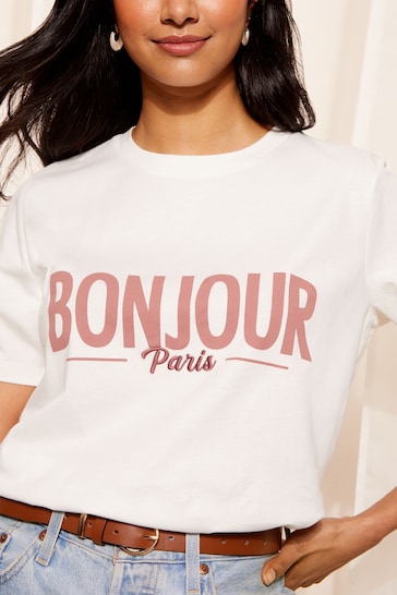 Friends Like These Bonjour Ivory White Round Neck Logo T-Shirt