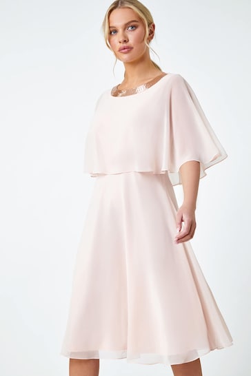 Roman Pink Petite Sparkle Chiffon Cape Dress