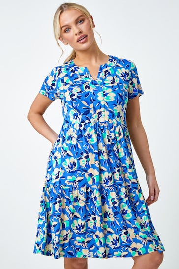 Roman Blue Tiered Floral Stretch T-Shirt Dress