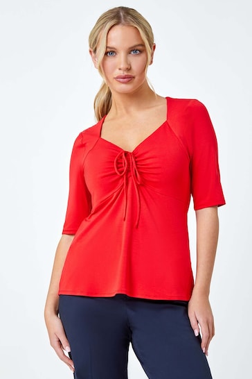 Roman Red Ruched Ribbed Stretch Top