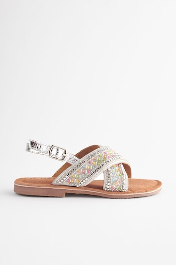 Silver Beaded Cross Strap Sandals