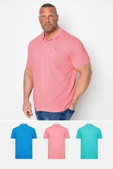 BadRhino Big & Tall Blue/Pink/Teal 3 Pack Polo Shirts