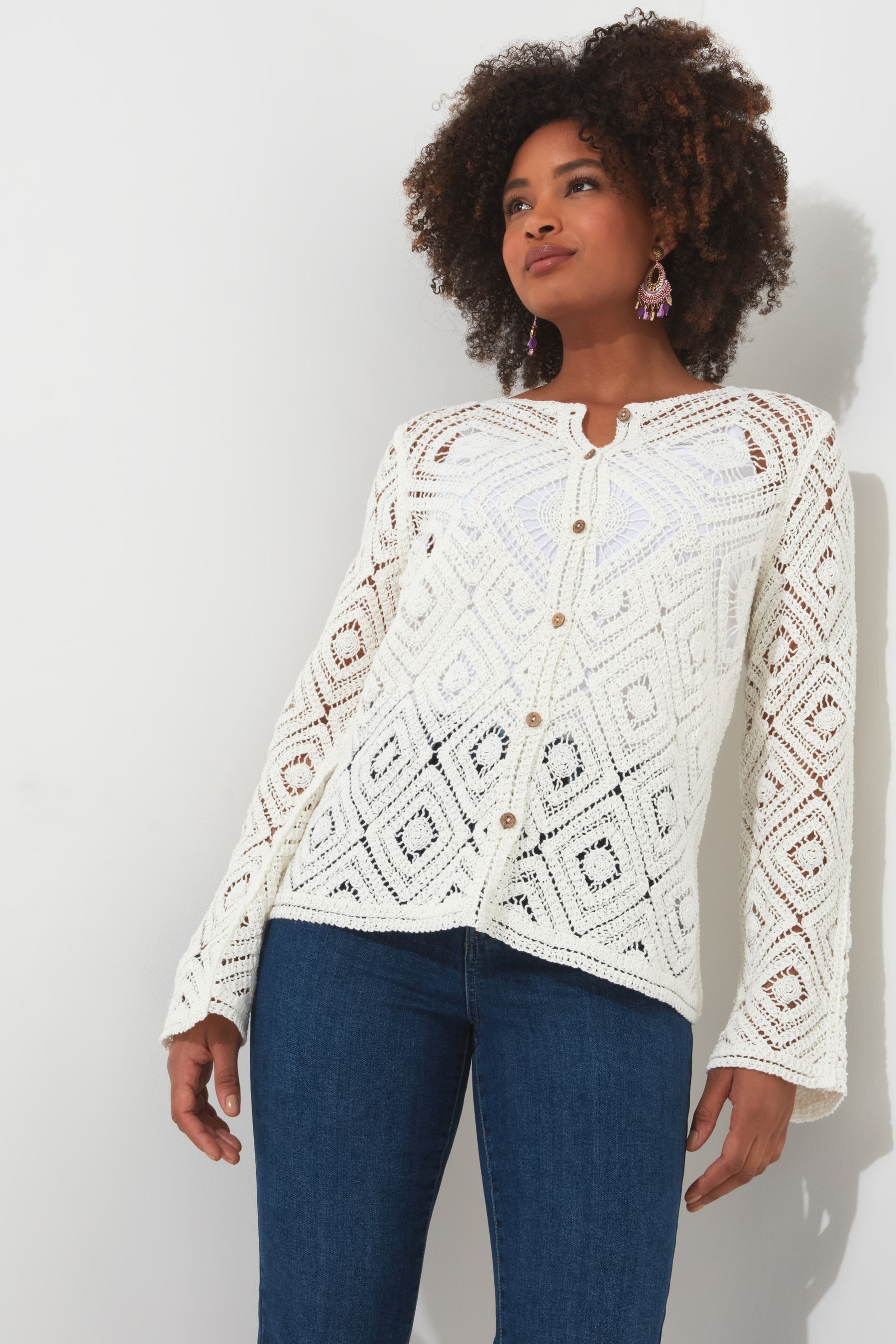 Buy Joe Browns White Crochet Flared Sleeve Cardigan from the Next