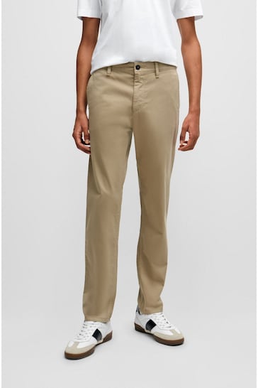 BOSS Beige Tapered Fit Stretch Cotton Satin Chino Trousers