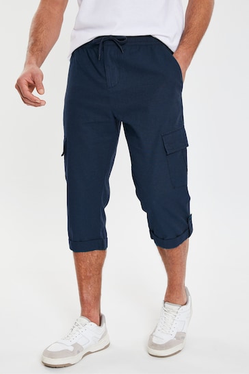Threadbare Blue 3/4 Length Linen Blend Pull-On Cargo Trousers