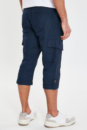 Threadbare Blue 3/4 Length Linen Blend Pull-On Cargo Trousers