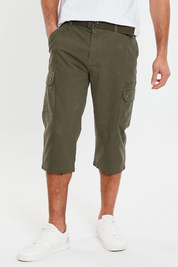 Threadbare Green 3/4 Length Belted Cargo Trousers