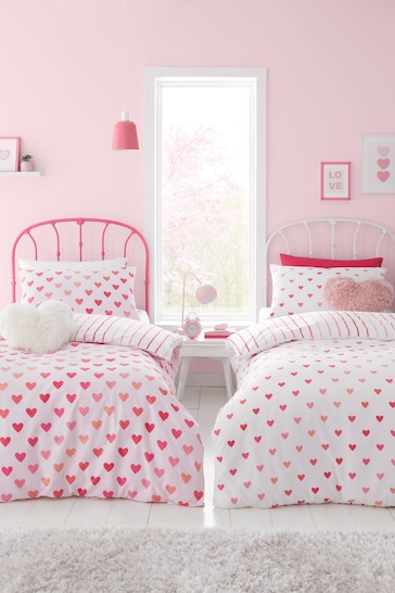 Catherine Lansfield Pink/White Twin Pack So Soft Hearts/Stripes Duvet Cover Set