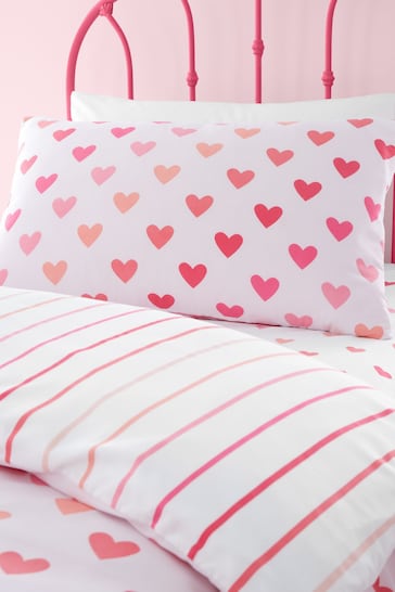 Catherine Lansfield Pink/White Twin Pack So Soft Hearts/Stripes Duvet Cover Set