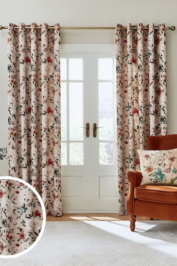 Catherine Lansfield Natural Pippa Floral Birds Lined Eyelet Curtains