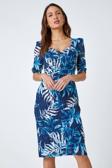 Roman Blue Leaf Print Puff Sleeve Midi Dress