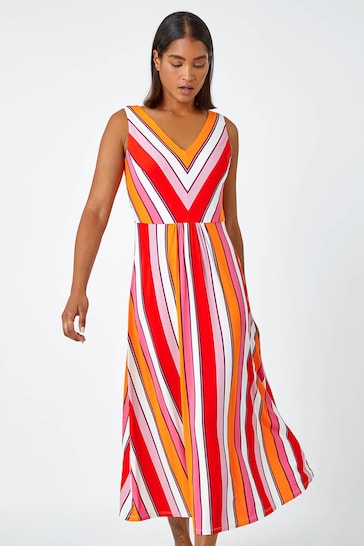 Roman Red Sleeveless Stripe Print Midi Stretch Dress