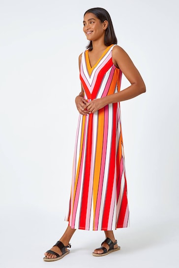 Roman Red Sleeveless Stripe Print Midi Stretch Dress