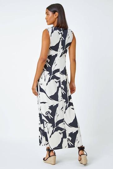 Roman Black Sleeveless Floral Print Maxi Stretch Dress