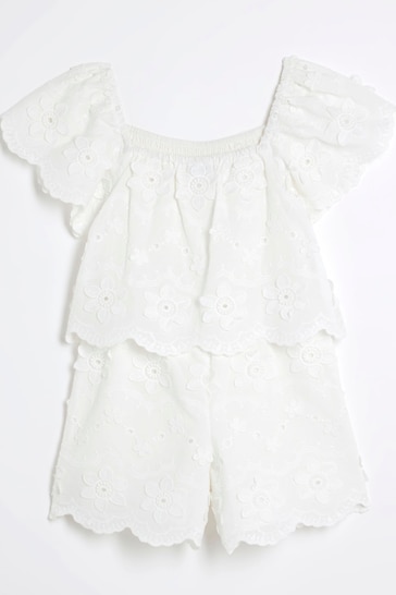 River Island White Girls Tiered Broderie Playsuit