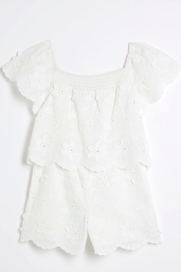 River Island White Girls Tiered Broderie Playsuit
