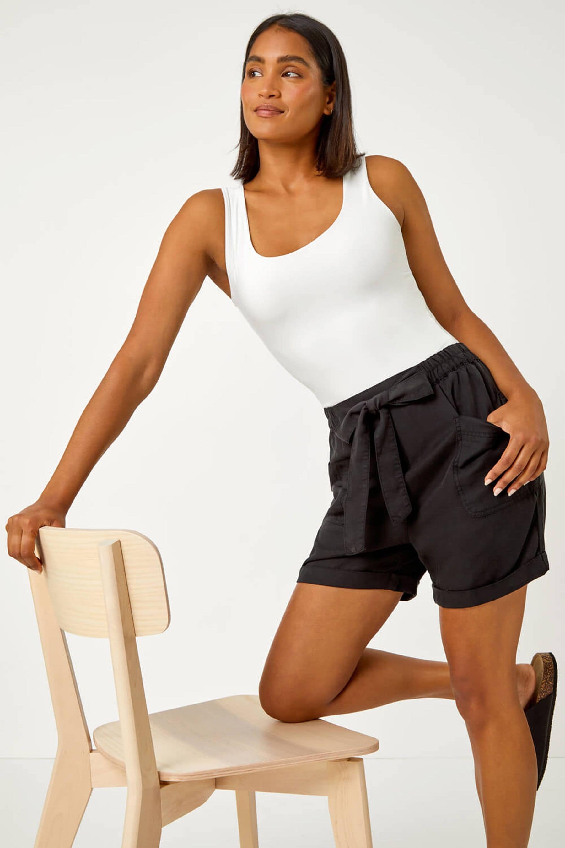 Black tie waist shorts top