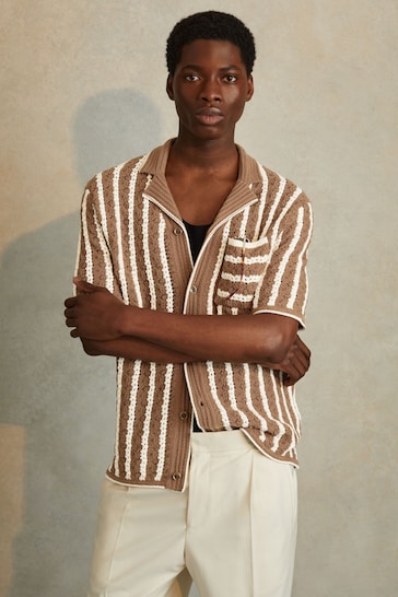 Reiss Camel/White Spritz Oversized Crochet Striped Cuban Collar Shirt