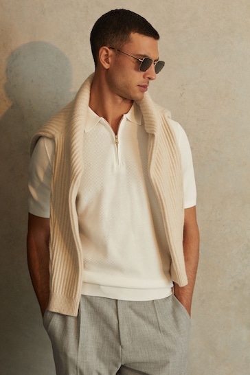 Reiss White Ivor Textured Half-Zip Polo Shirt