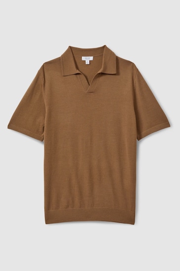 Reiss Tobacco Brown Duchie Merino Wool Open Collar Polo Shirt