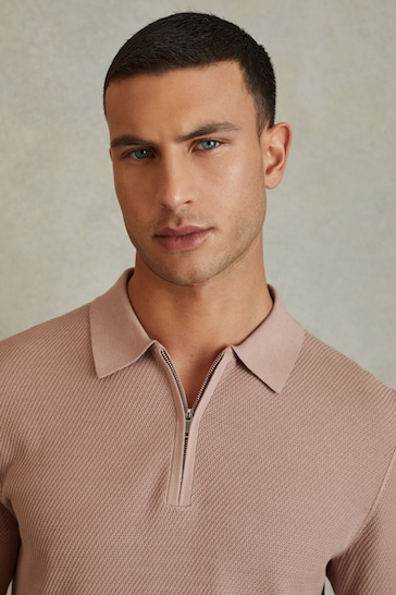 Reiss Soft Pink Ivor Textured Half-Zip Polo Shirt