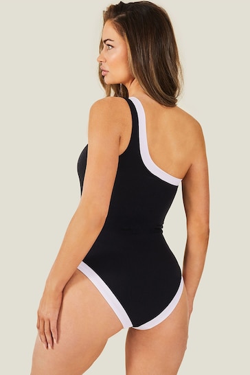 Accessorize One Shoulder Textured Black Swimsuit