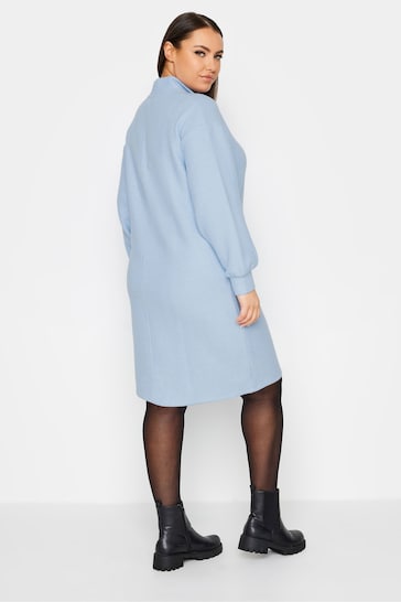 Yours Curve Blue Soft Touch Ribbed Half Zip Midi Dress