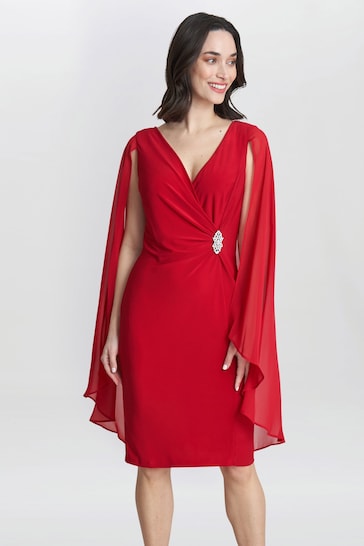 Gina Bacconi Red Lisa Chiffon Cape Dress