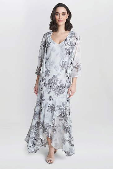 Gina Bacconi Mandy Midi Length Sleevless Printed White Dress And Poncho