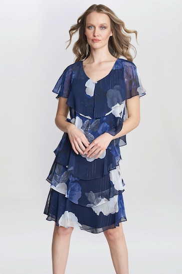 Gina Bacconi Blue Benita Printed V-Neck Tiered Dress With Embellishment