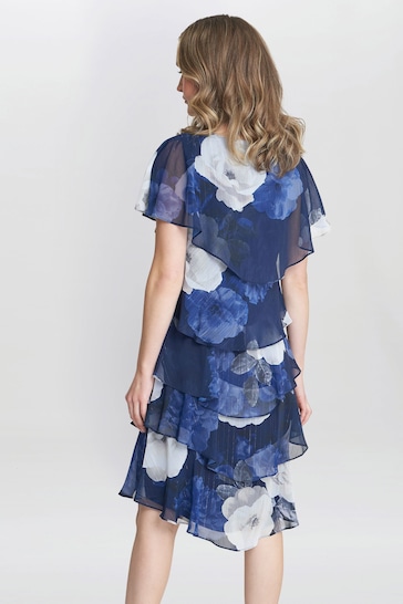 Gina Bacconi Blue Benita Printed V-Neck Tiered Dress With Embellishment