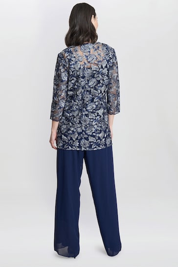Gina Bacconi Blue Nikki 3 Piece Trousers Suit: With Embroidered Tank Top And Elongated Jacket