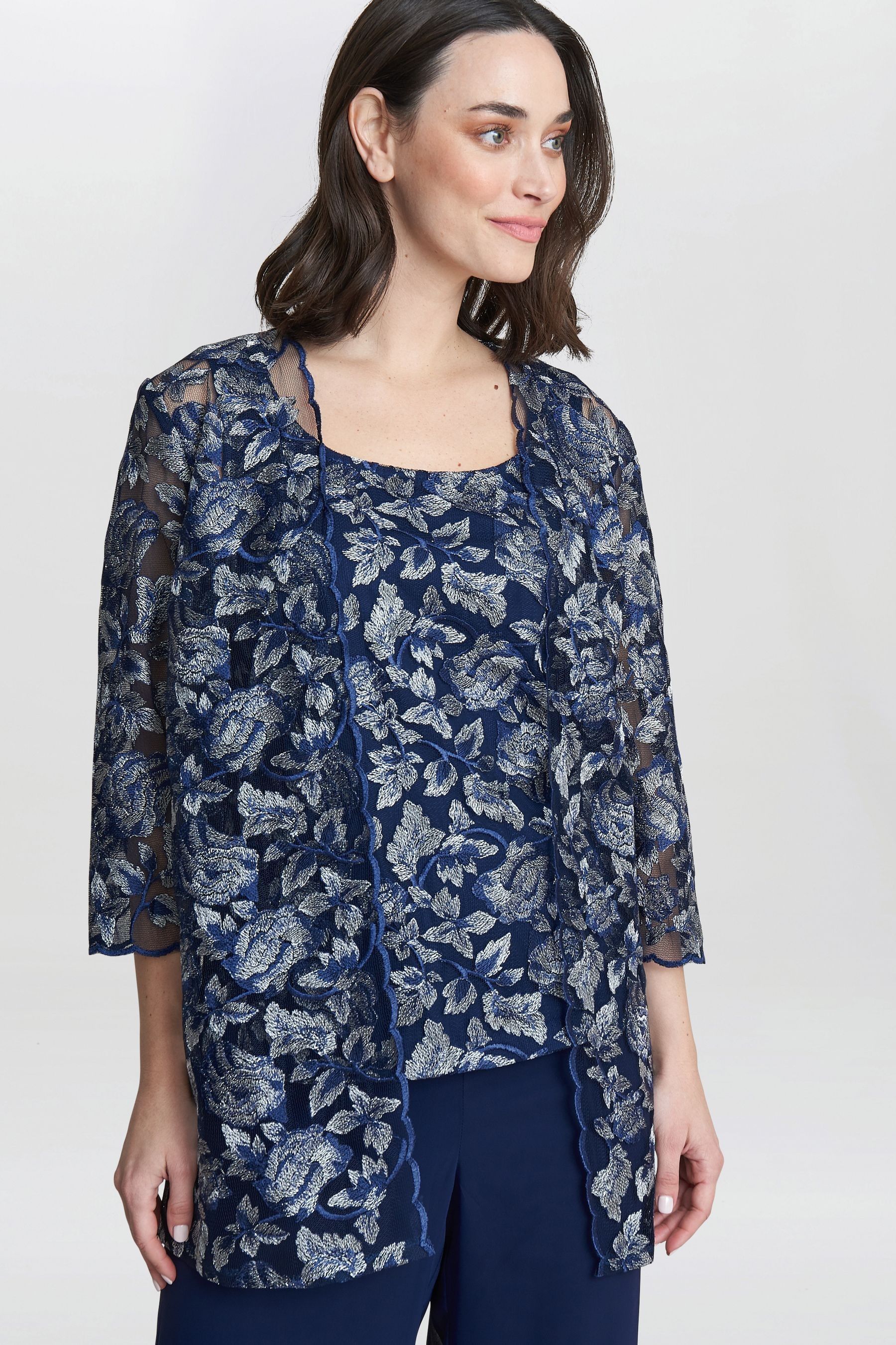 Buy Gina Bacconi Blue Nikki 3 Piece Trousers Suit With Embroidered Tank Top And Elongated Jacket from the Next UK online shop