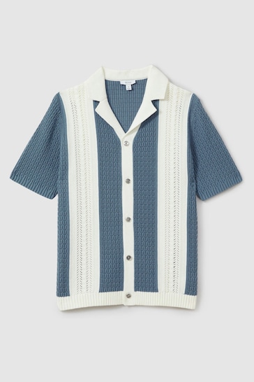 Reiss Blue/White Nicoli Crochet Striped Cuban Collar Shirt