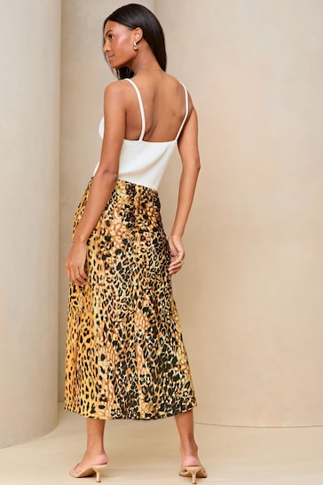 Lipsy Leopard Print Petite Satin Bias Cut Midi Skirt